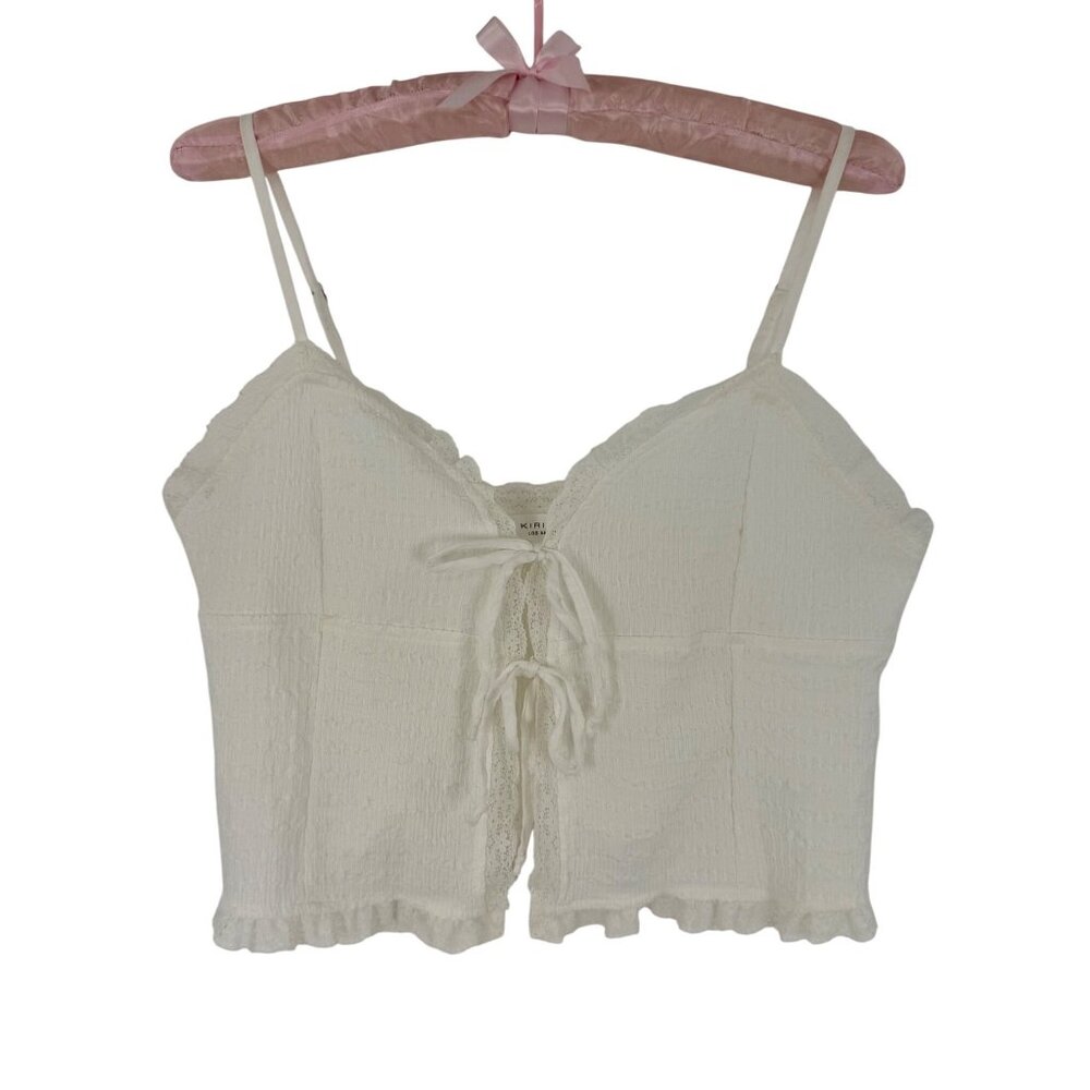 Kirious Los Angeles White Lace Trim Tie Front Boho Coquette Top Grunge Fairycore - Picture 6 of 12